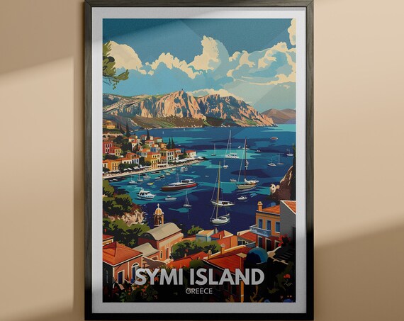 Symi Island Greece Travel Poster Harbor Sailboats Colorful Town Mountain