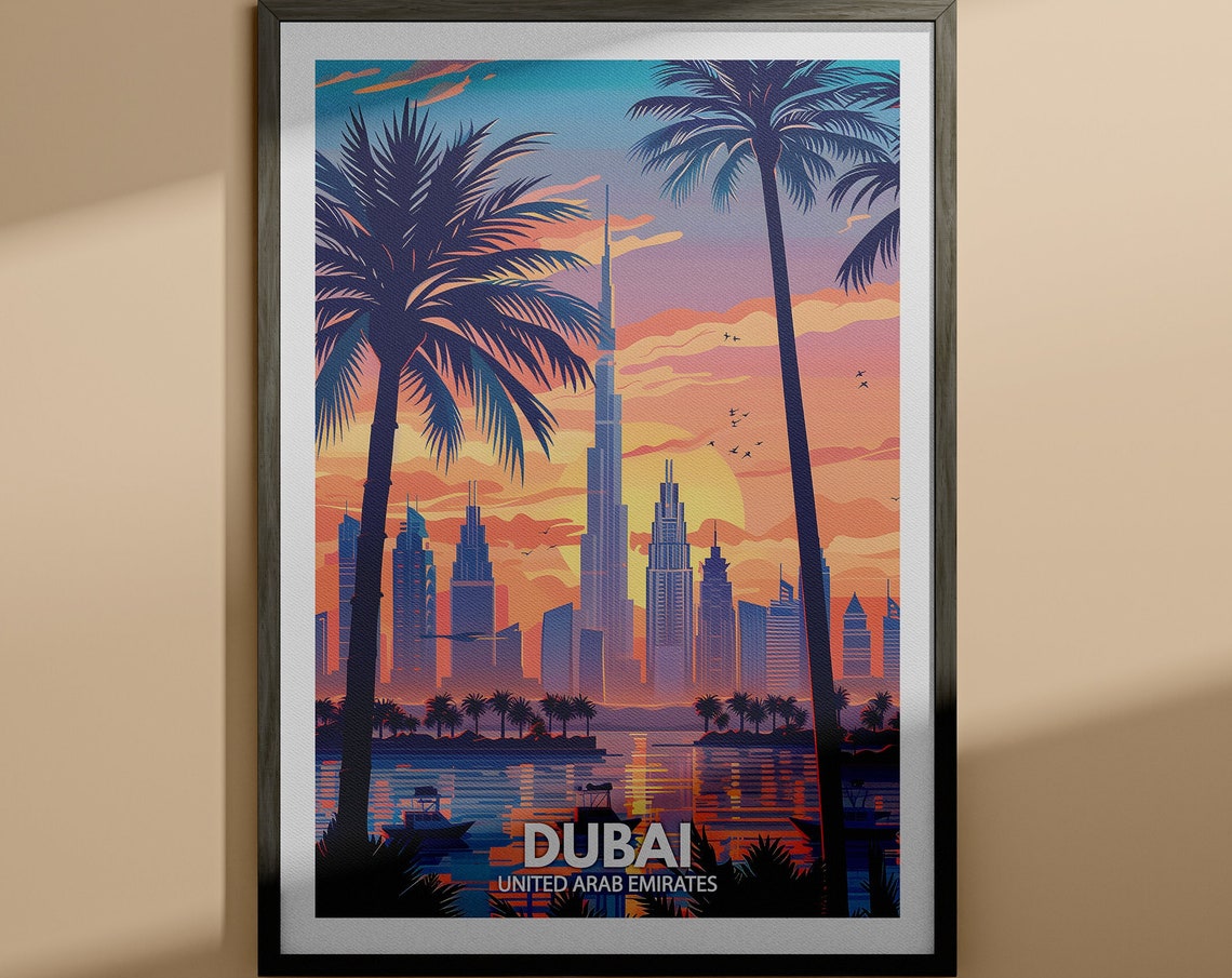 Dubai UAE Sunset Skyline Palm Trees Waterfront Travel Poster