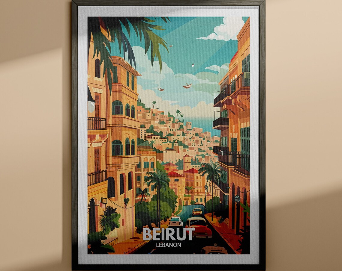 Beirut Lebanon Old City Street Classic Cars Vintage Travel Poster