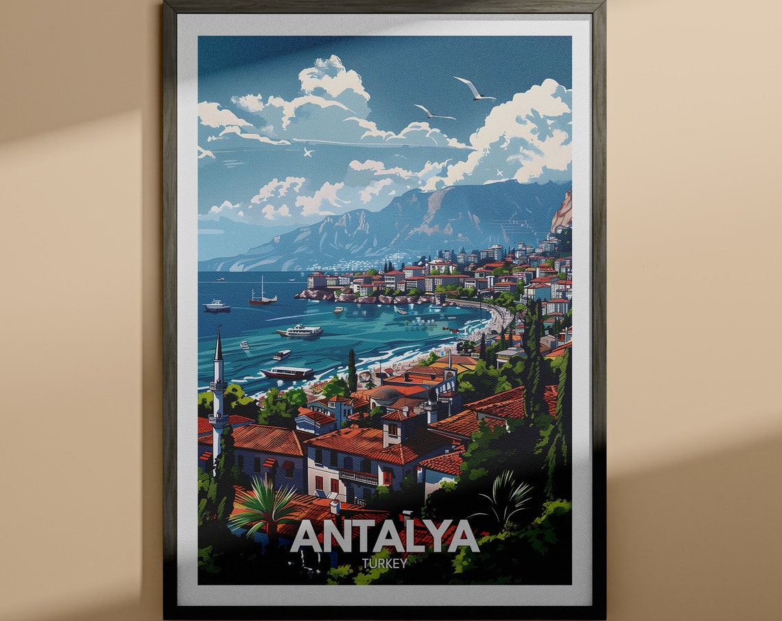Antalya Turkey Harbor Coastal City Minaret Mountain View Poster