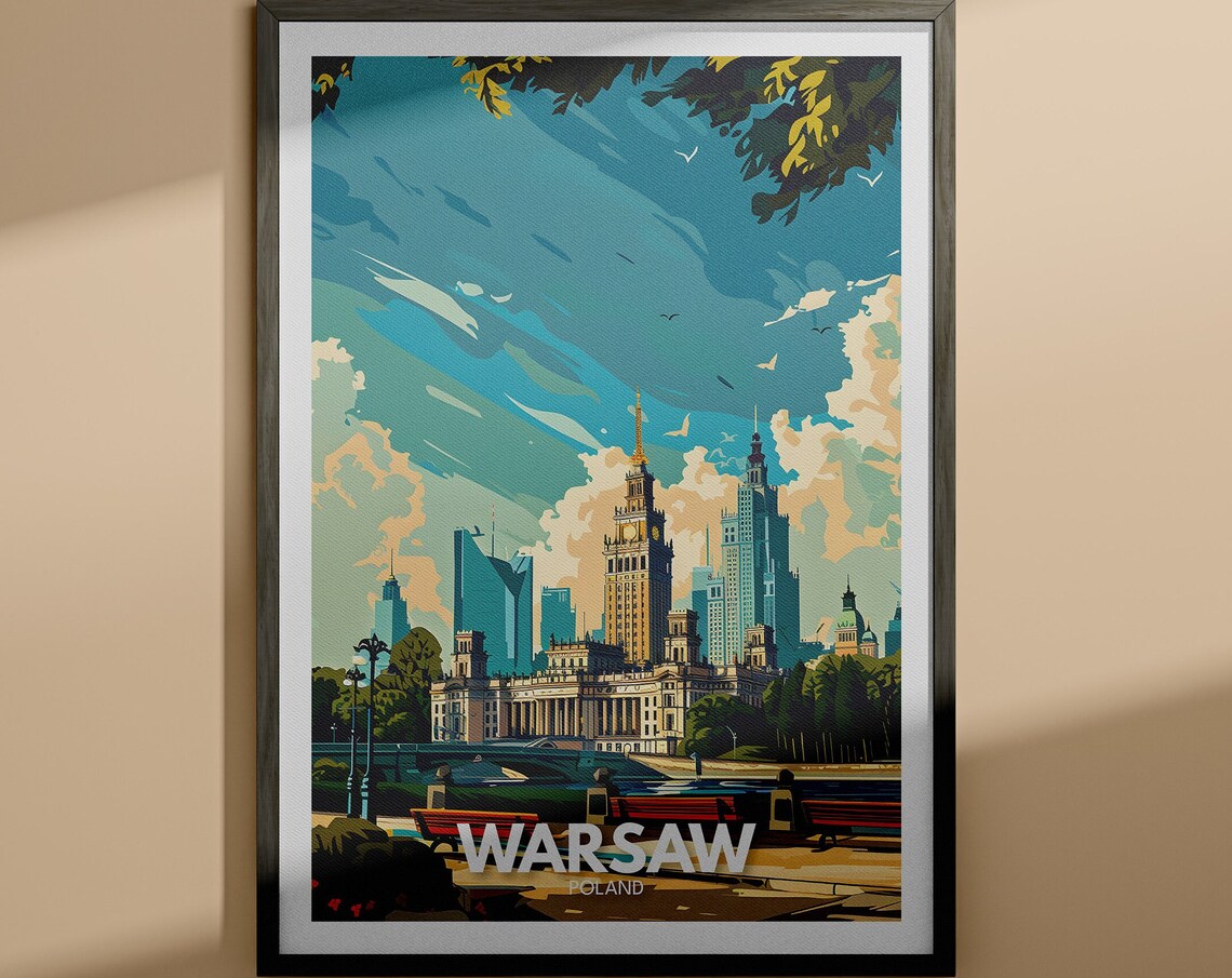 Warsaw Poland Travel City Skyline Vintage Style Travel Poster