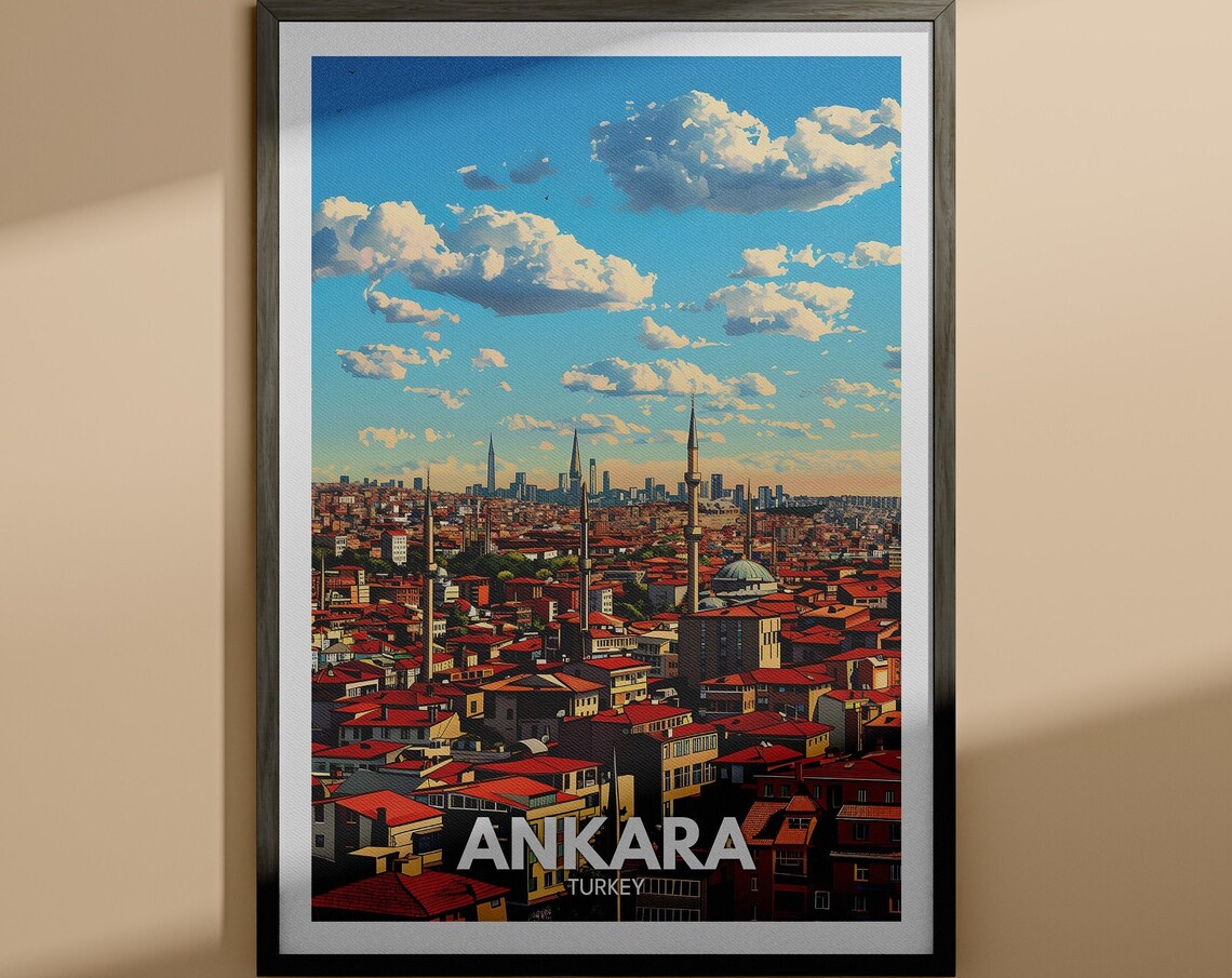 Ankara Turkey City Skyline Minarets Red Rooftops Travel Poster