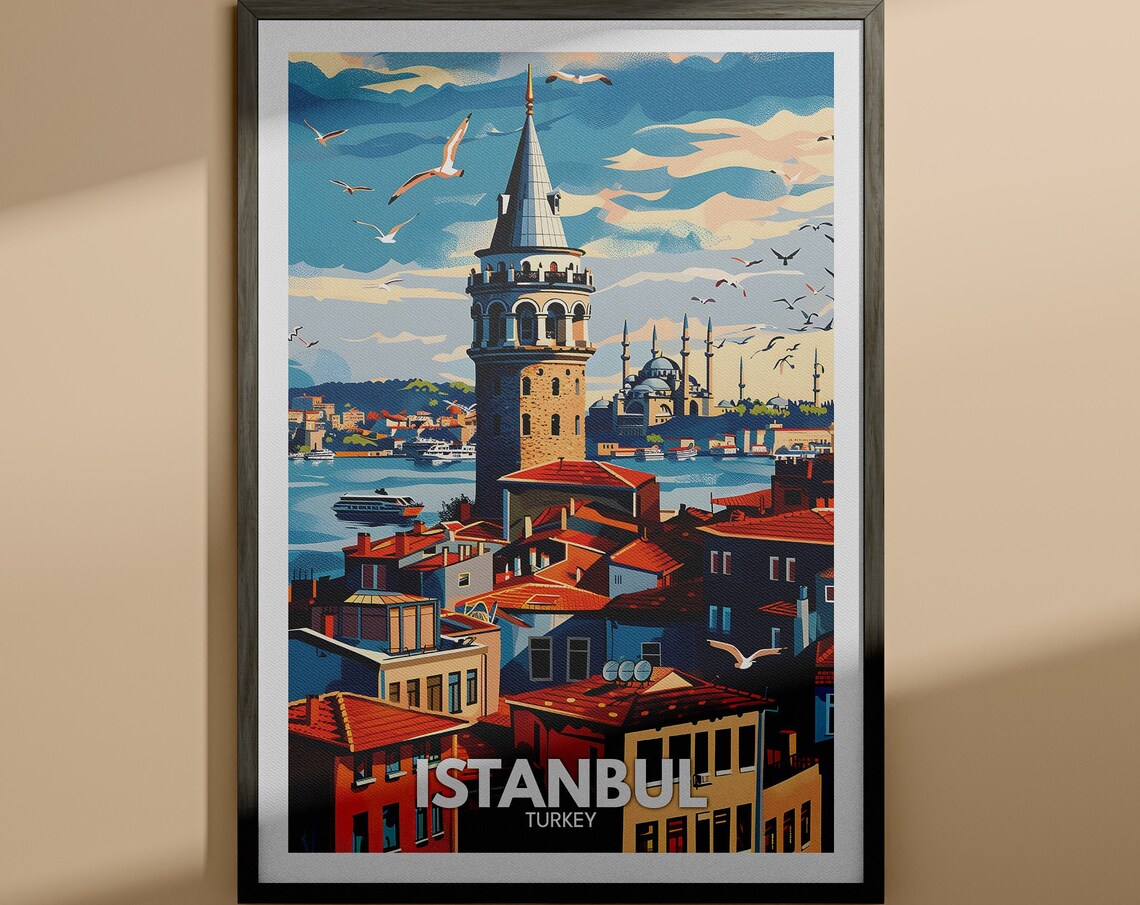 Istanbul Turkey Galata Tower Seagulls Bosphorus Old City Travel Poster