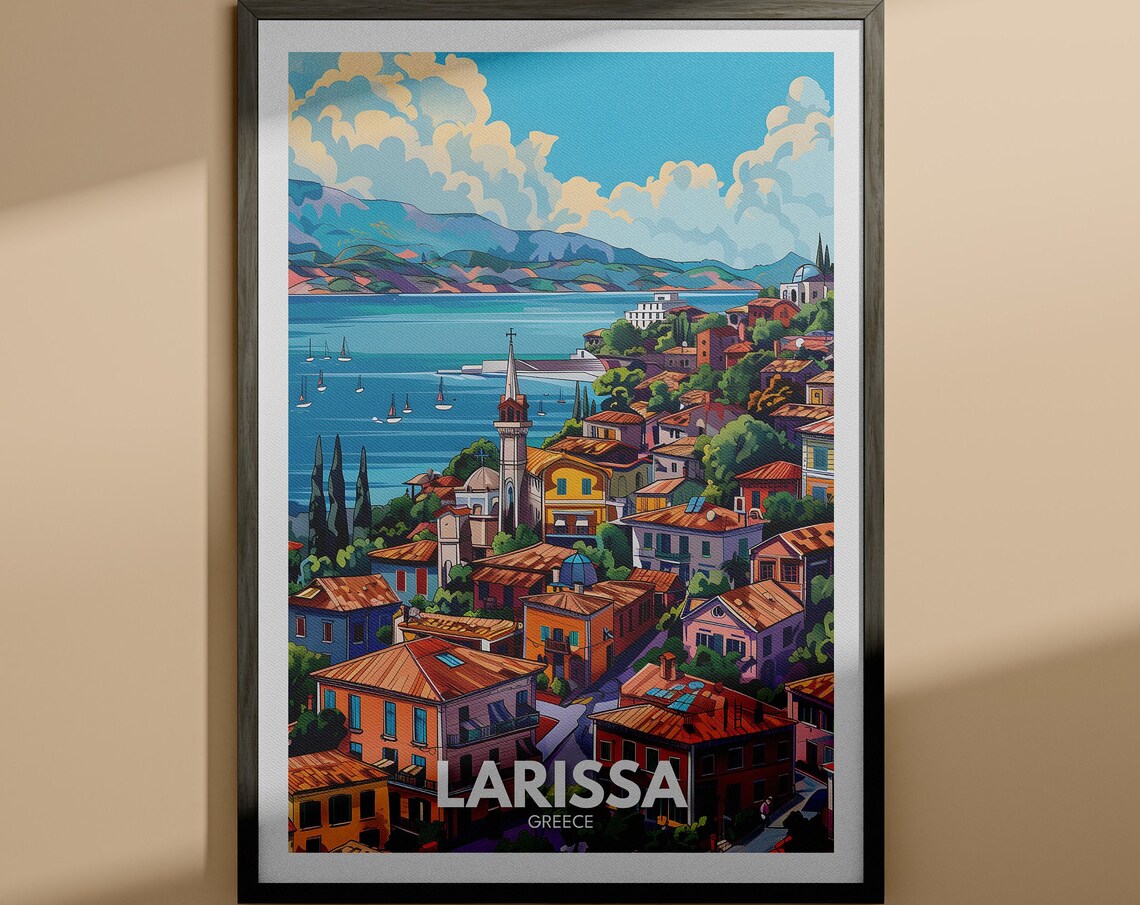 Larissa Greece Hillside Town Church Sailboats Coastal Poster