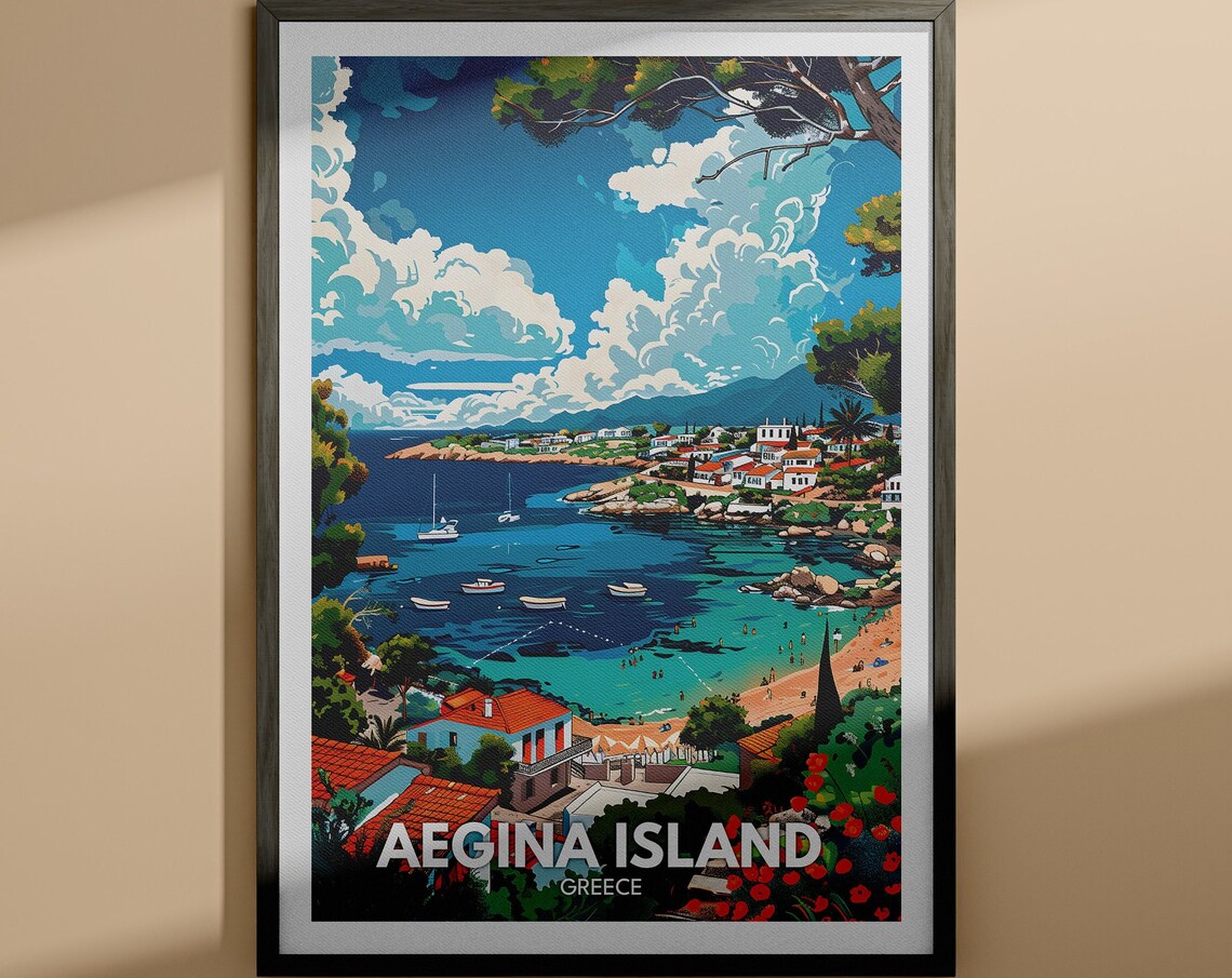 Aegina Island Greece Turquoise Bay Boats Beach Hillside Travel Poster