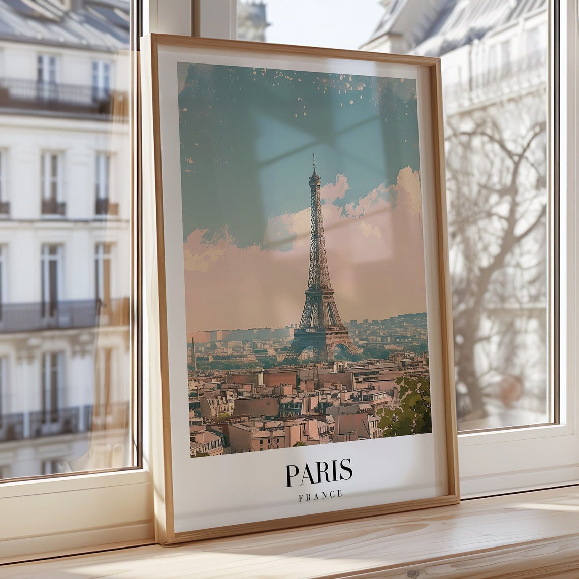 Paris France Eiffel Tower Rooftops Watercolor Skyline Travel Poster