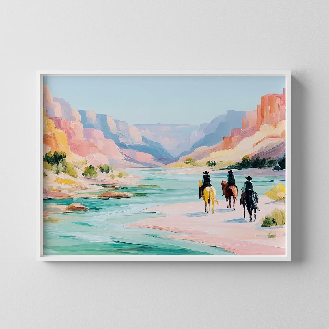 Cowboys Riding Through Pastel Canyon River Western Art Poster
