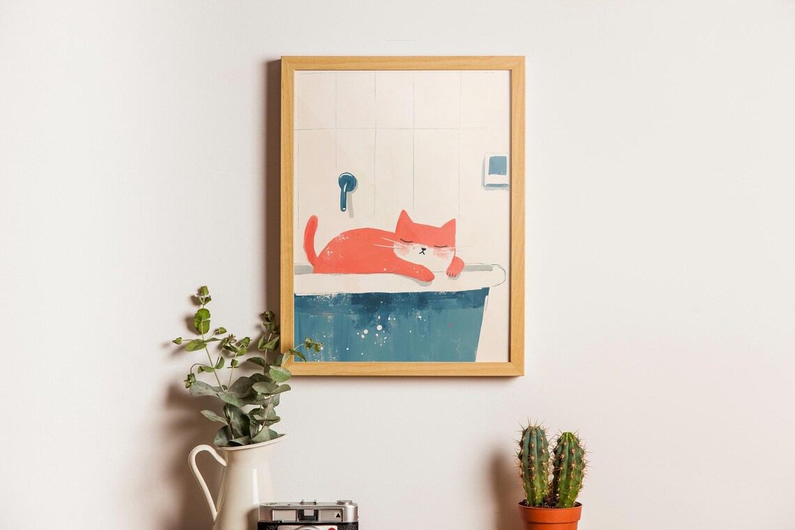 Orange Cat Sleeping on Bathtub Edge Cute Watercolor Art Poster - Image 2