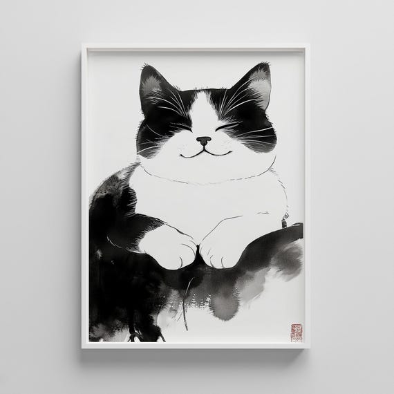 Minimalist Black And White Cat Print Zen Watercolor Wall Art