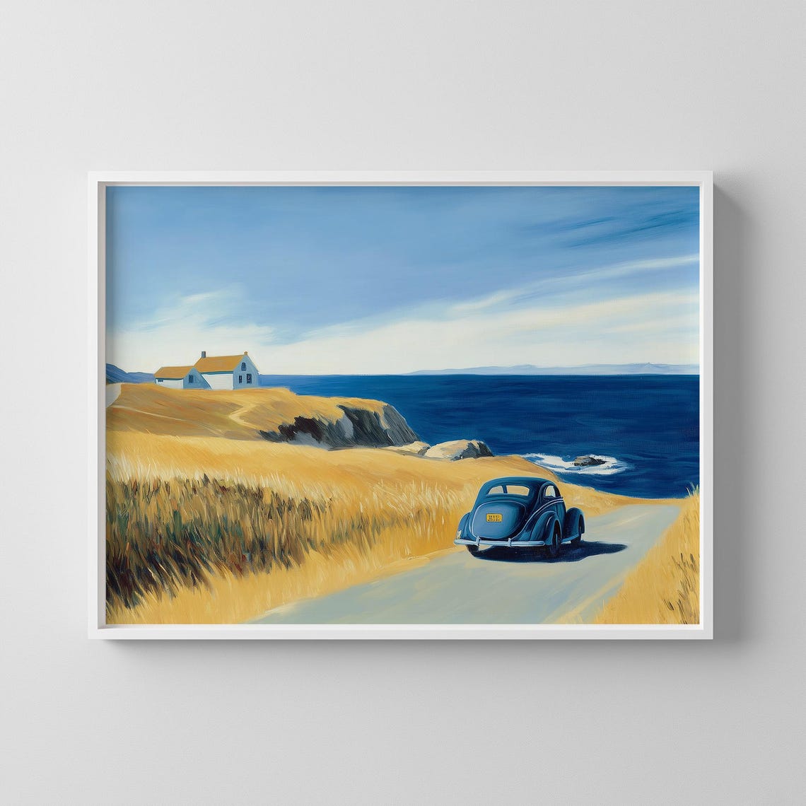 Coastal Cliff House Vintage Blue Beetle Car Realism Art Print