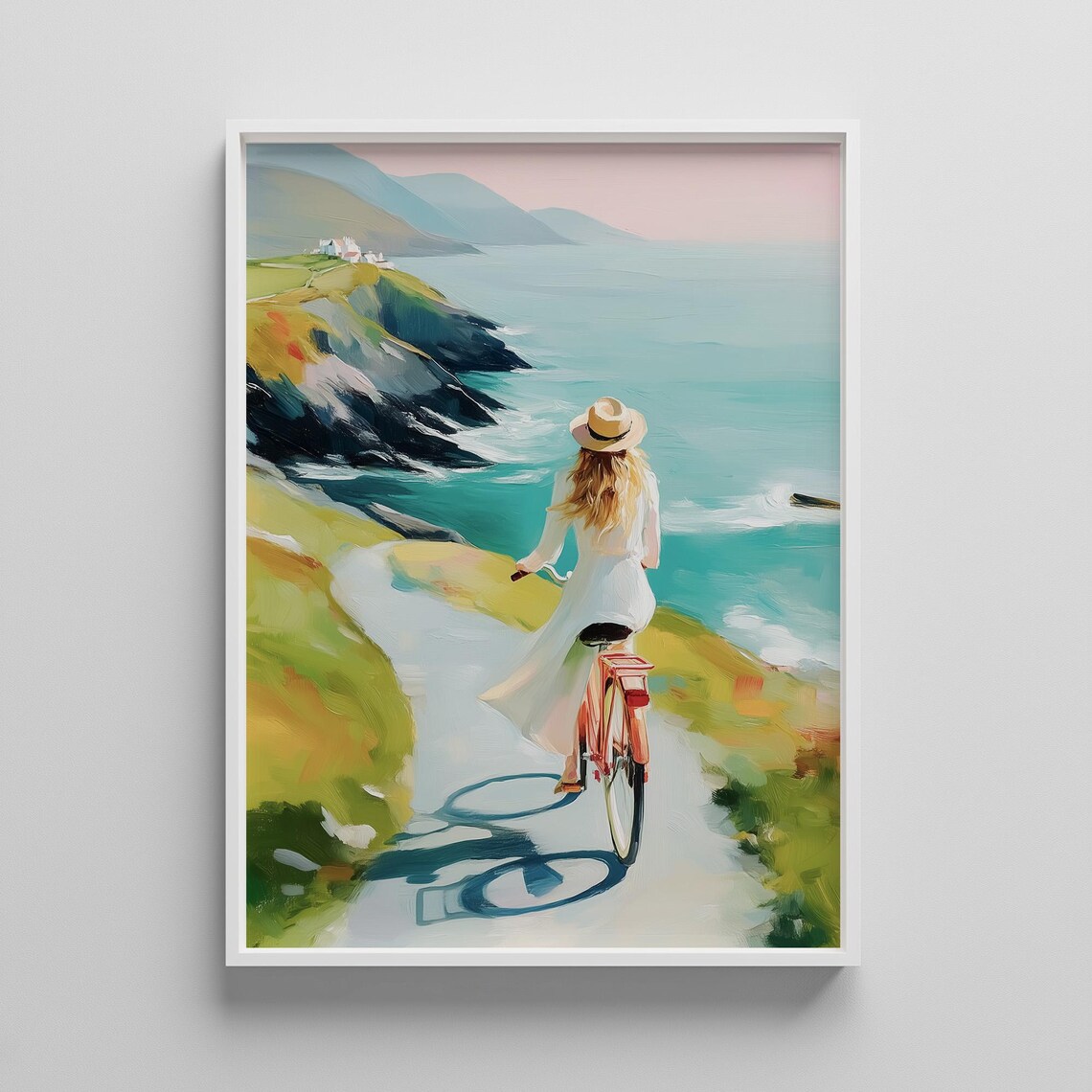 Woman Cycling On Coastal Cliff Road Overlooking The Ocean Poster