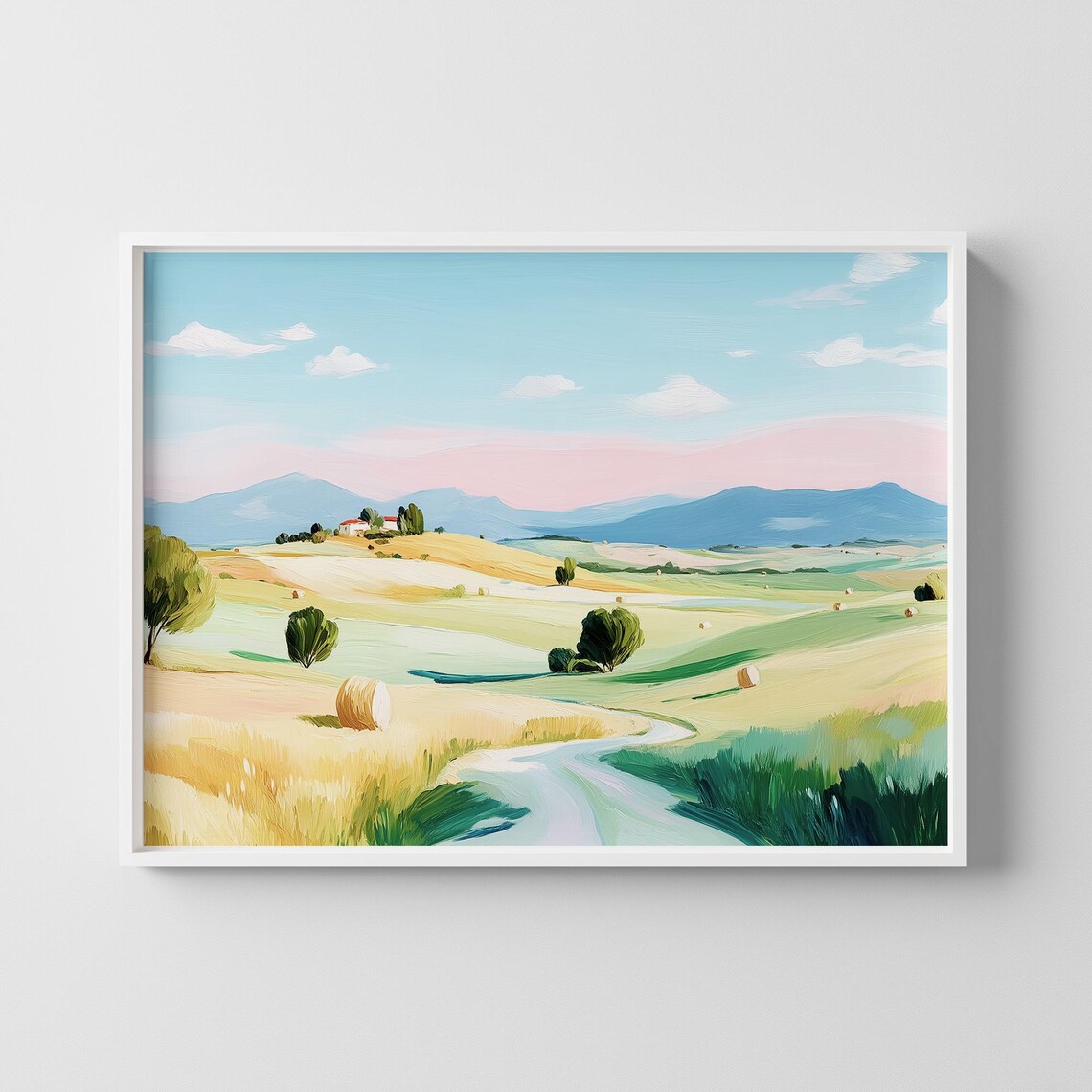 Pastel Rolling Hills Countryside Landscape Farm Painting Poster