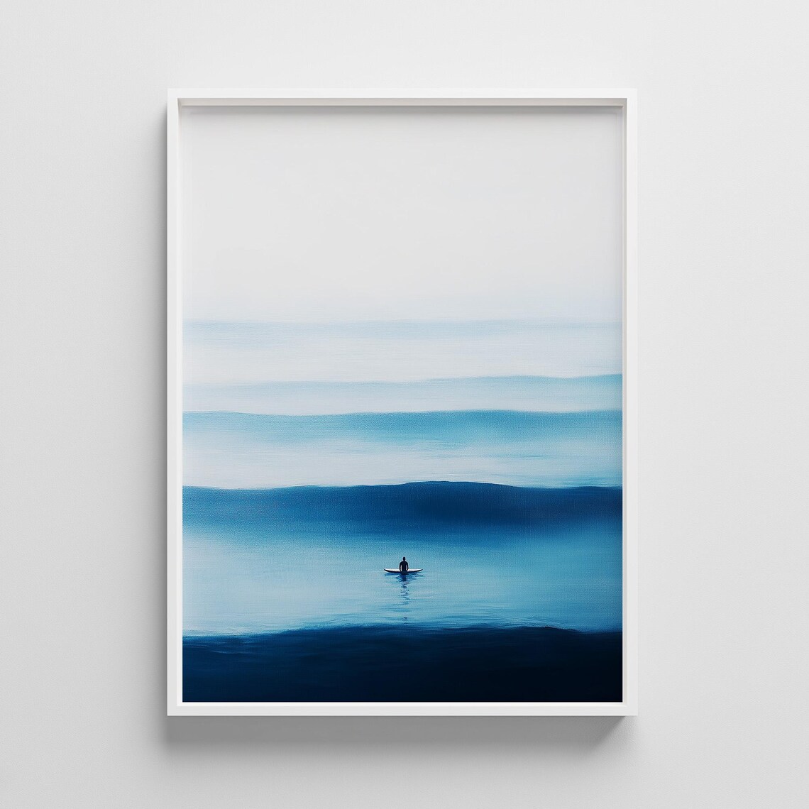 Lone Surfer Calm Blue Ocean Waves Minimalist Watercolor Poster