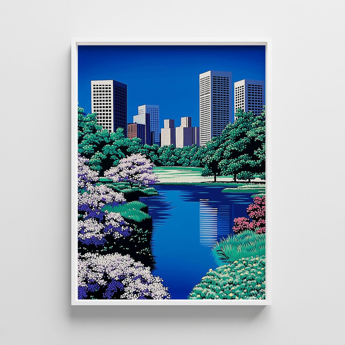Central Park Pond Skyline Poster, Retro 80s Japanese Style City Art