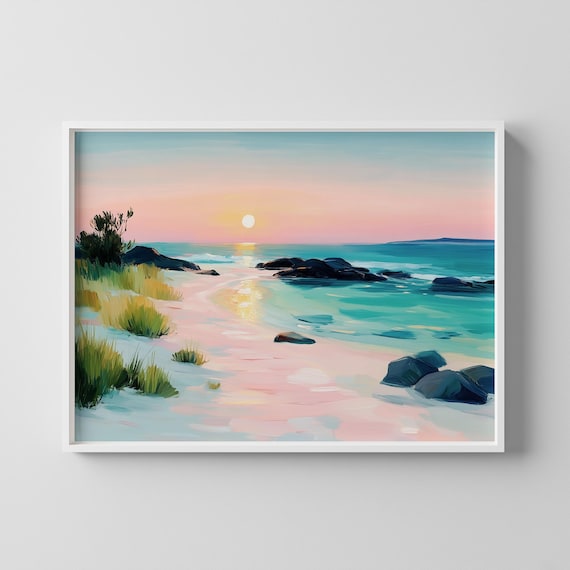 Pastel Beach Sunset Pink Sand Turquoise Ocean Coastal Poster