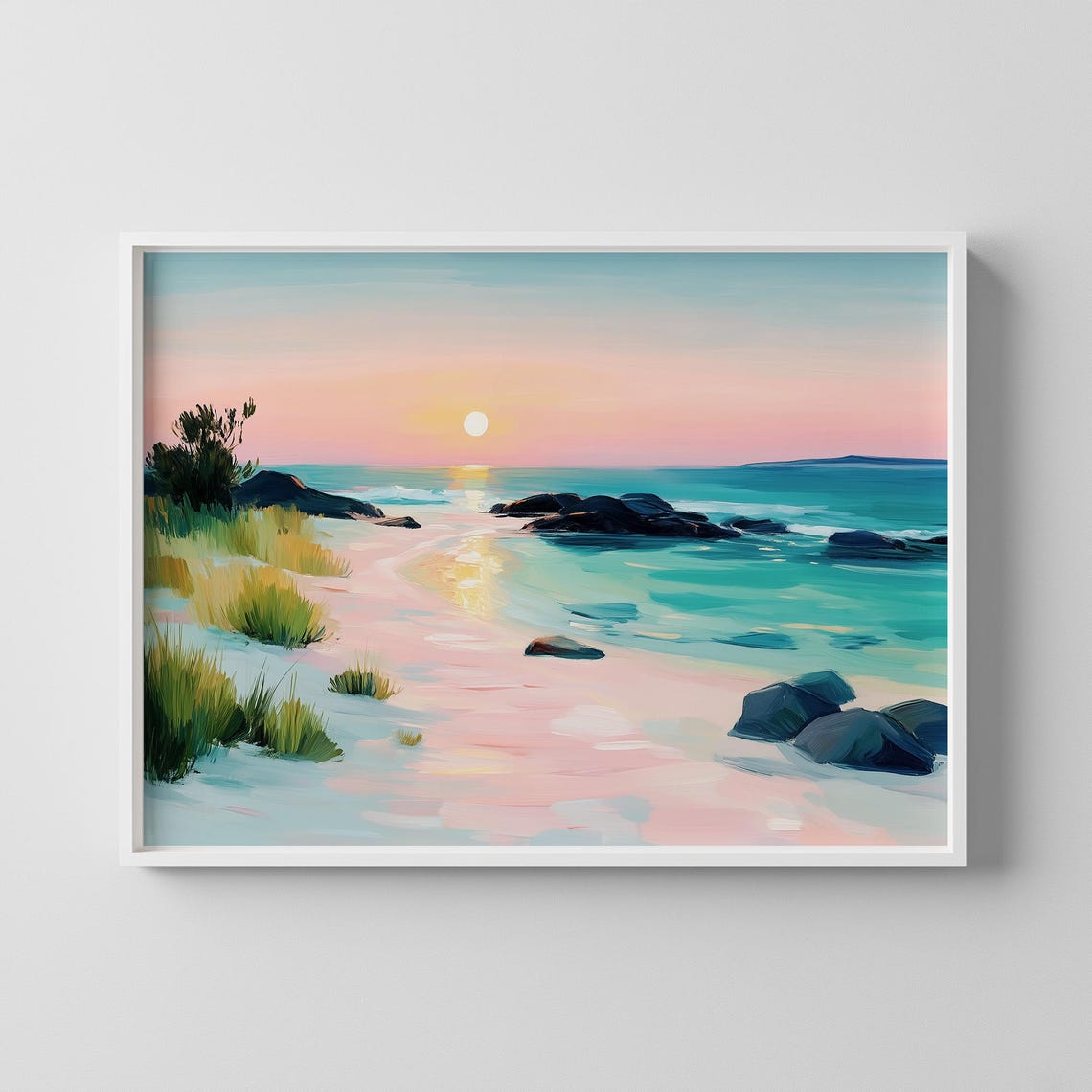 Pastel Beach Sunset Pink Sand Turquoise Ocean Coastal Poster