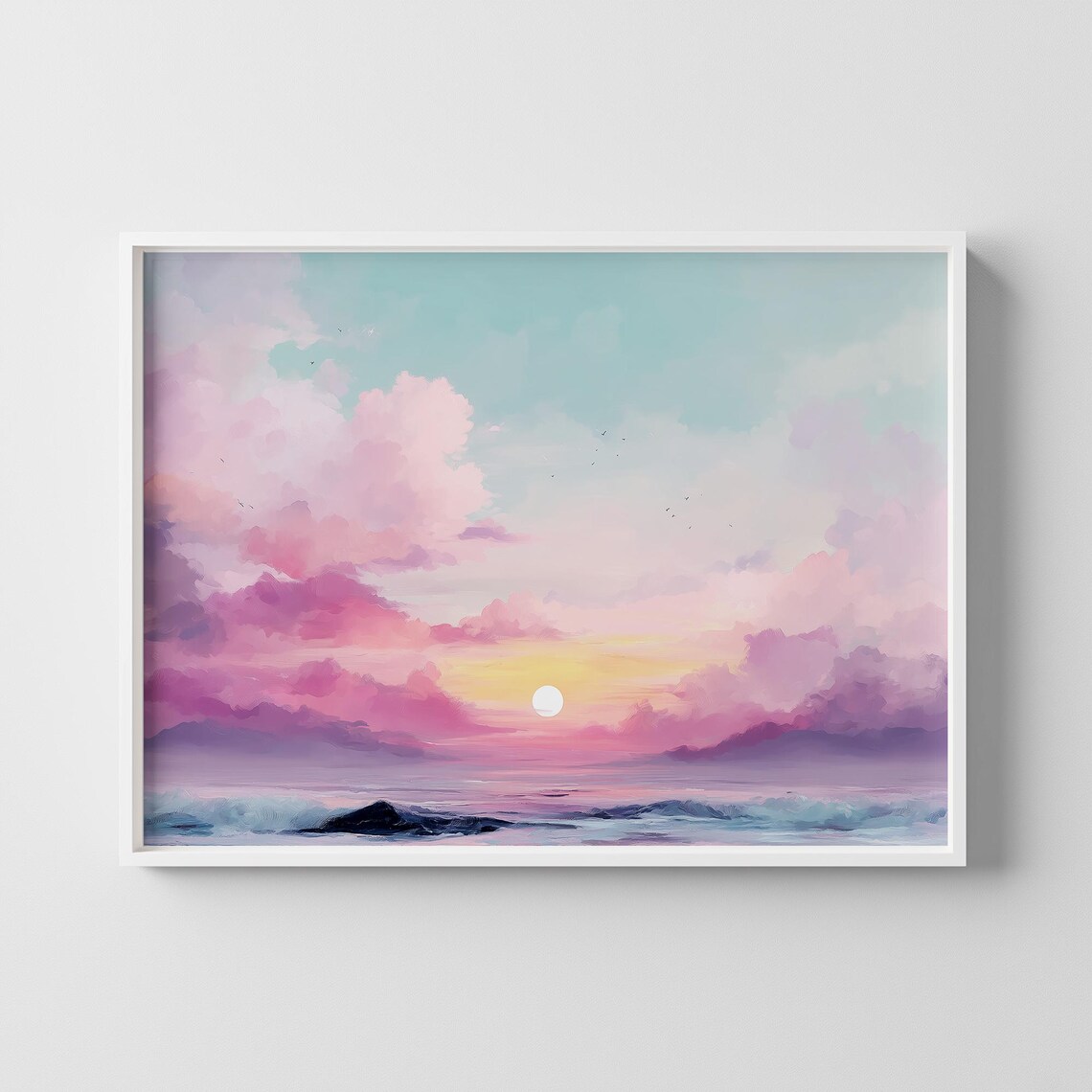 Sunset Ocean Poster Pastel Seascape Wall Art Pink Clouds Horizon Illustration Instant Coastal Decor