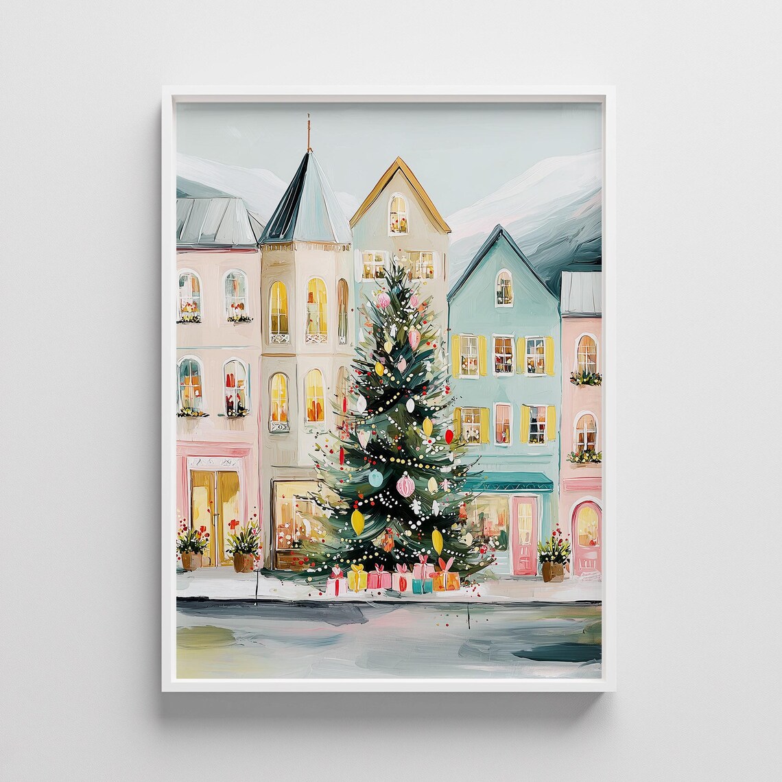 Pastel Christmas Town Square Festive Winter Village Tree Poster