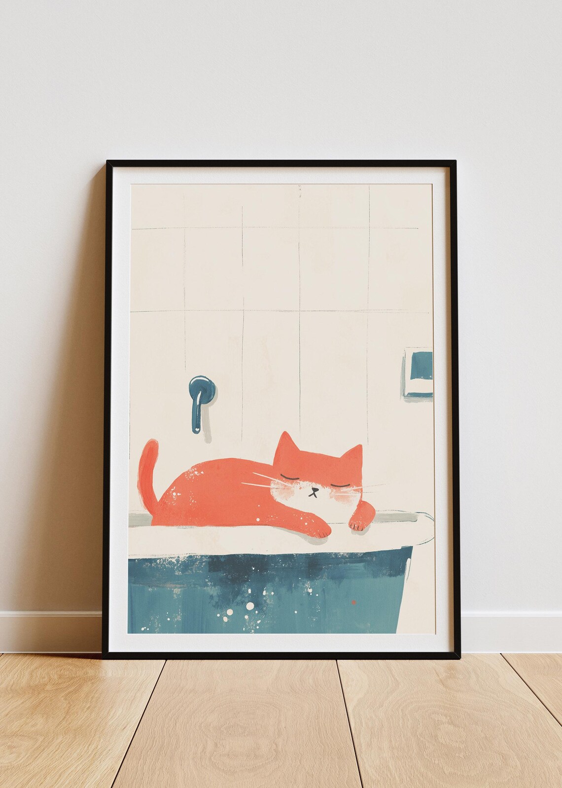Orange Cat Sleeping on Bathtub Edge Cute Watercolor Art Poster