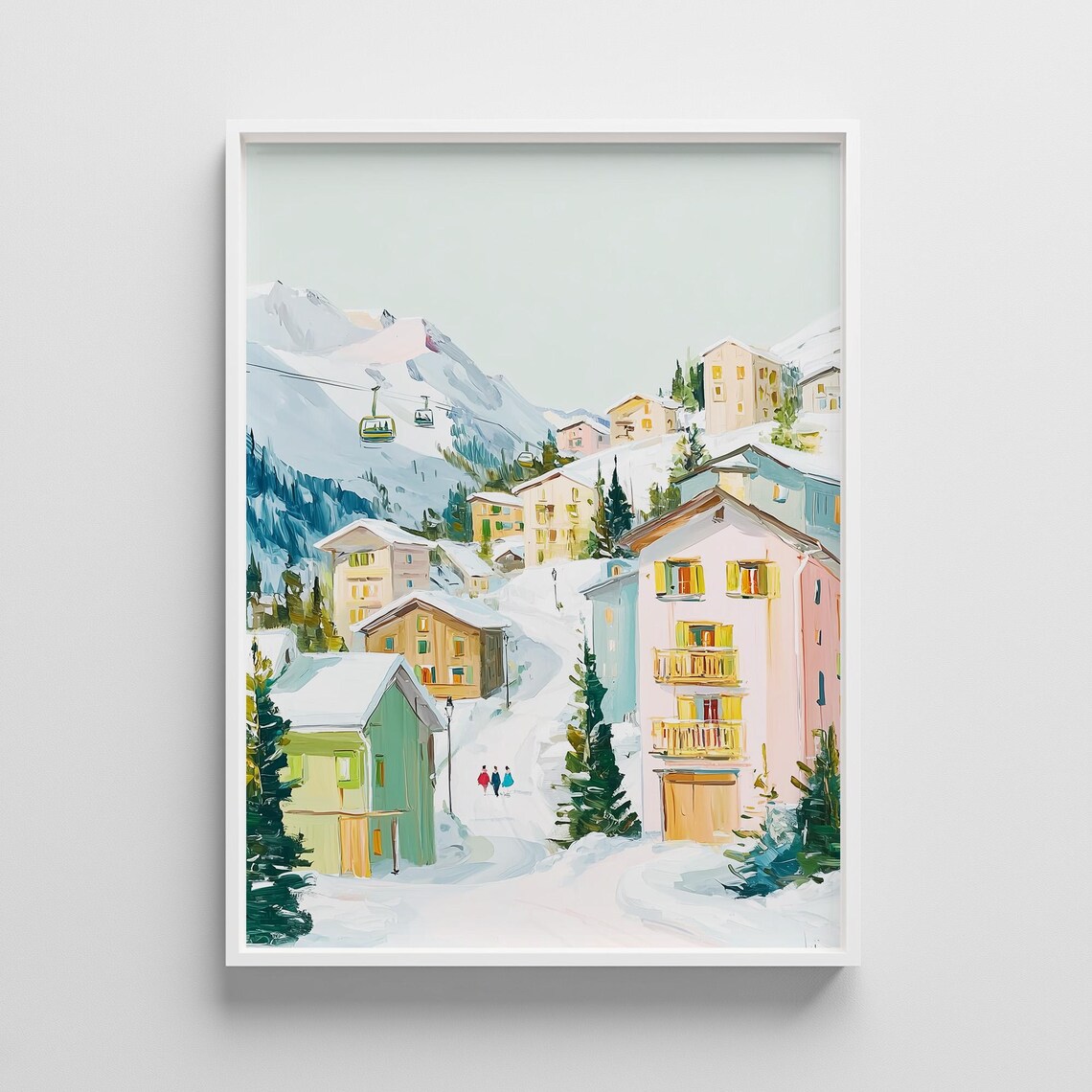 Snowy Alpine Village Ski Resort Gondola Pastel Painting Print