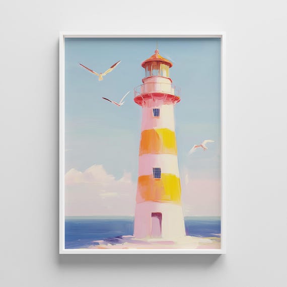 Pastel Lighthouse Print Coastal Beach Cottage Wall Art
