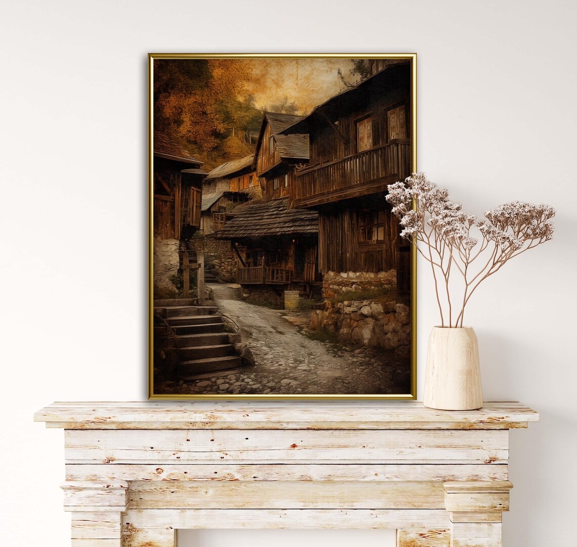 Antique Wooden Village Street With Cobblestone Path Golden Autumn Art Poster - Image 2