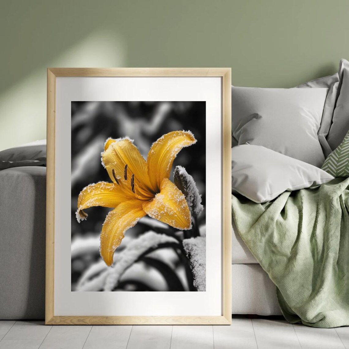 Yellow Lily Dust Frost In Monochrome Snowy Forest Black White Photo Poster - Image 3