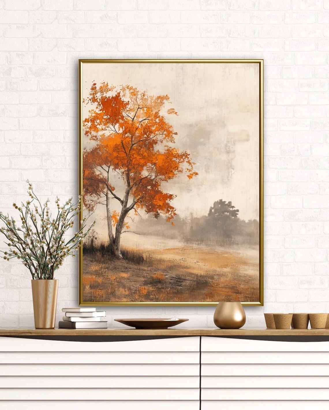 Autumn Tales Lone Orange Tree Misty Countryside Vintage Landscape Art Print - Image 2