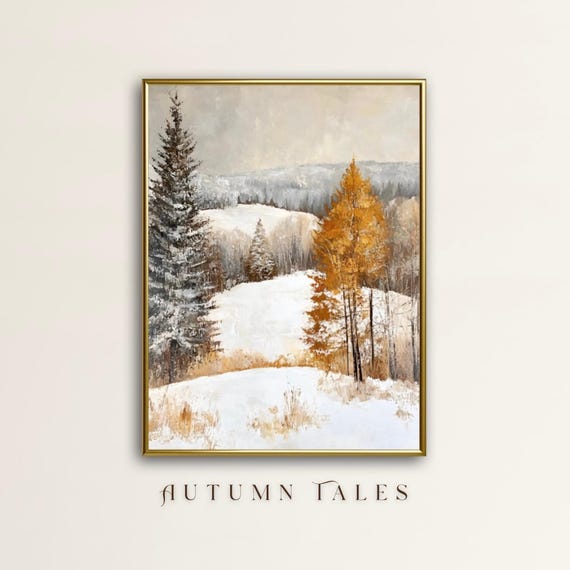 Moody Winter Landscape Wall Art Print Vintage Snow Covered Countryside Pine Tree Forest Chrsimas Decor