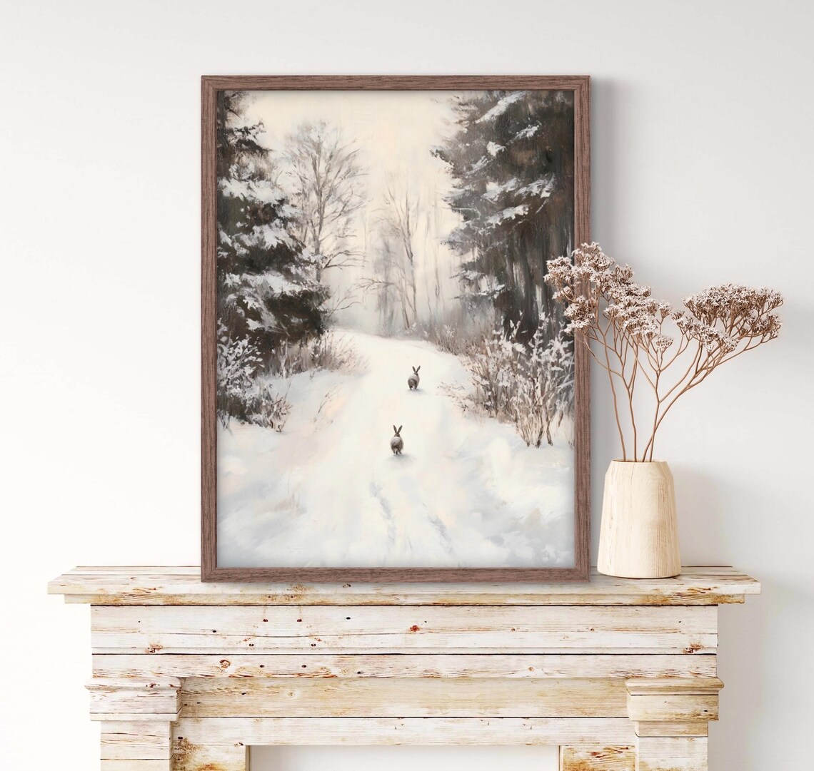 Winter Forest And Bunnies In Snow Art Print - Image 2