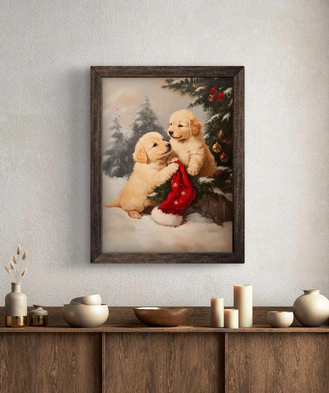 Vintage Christmas Golden Retriever Puppies Wall Art Festive Christmas Wall Decor Of Two Playful Golden Puppies In A Winter Forest - Image 5
