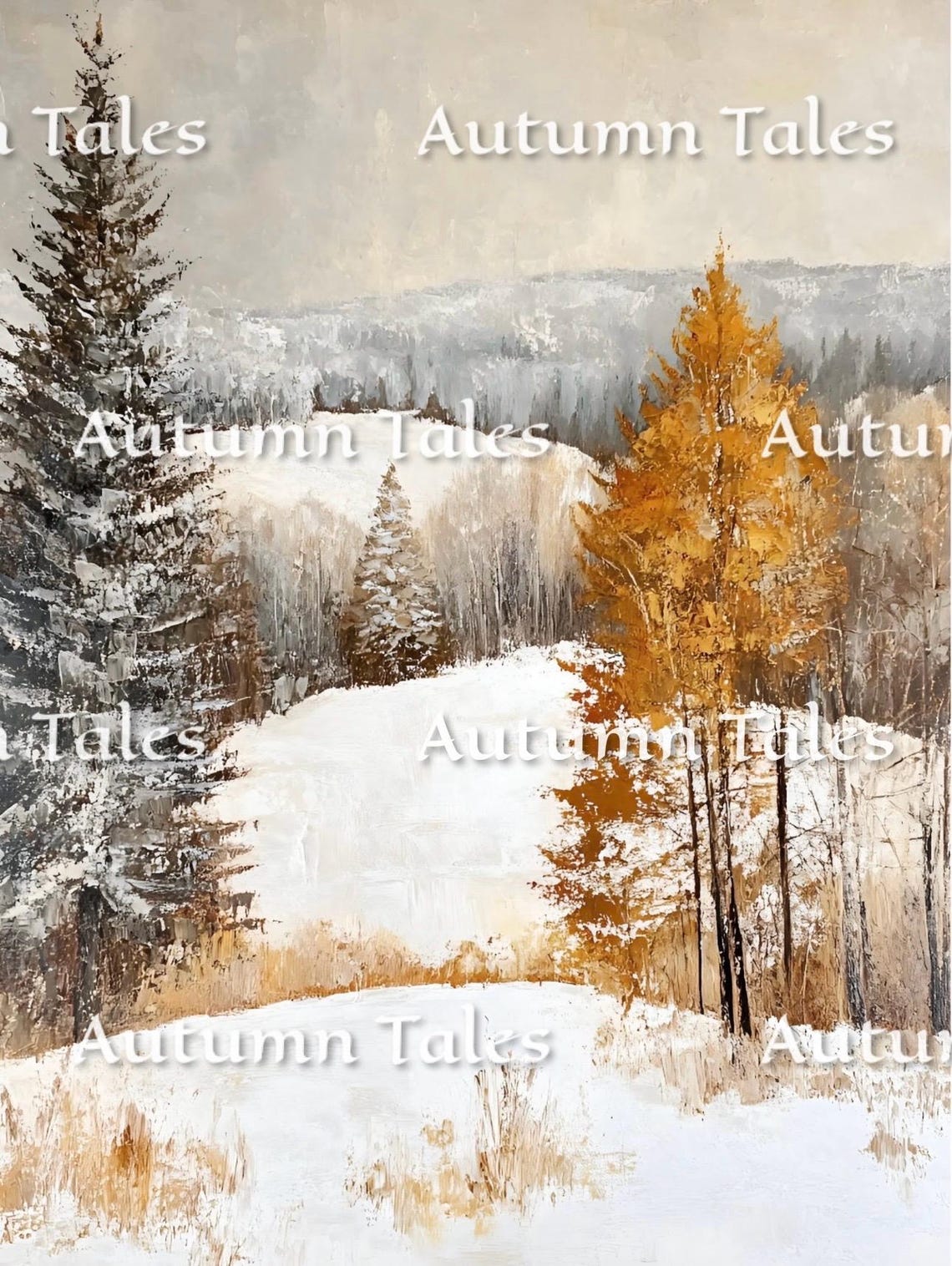 Snowy Winter Forest With Evergreen And Golden Tree Art Print - Image 2