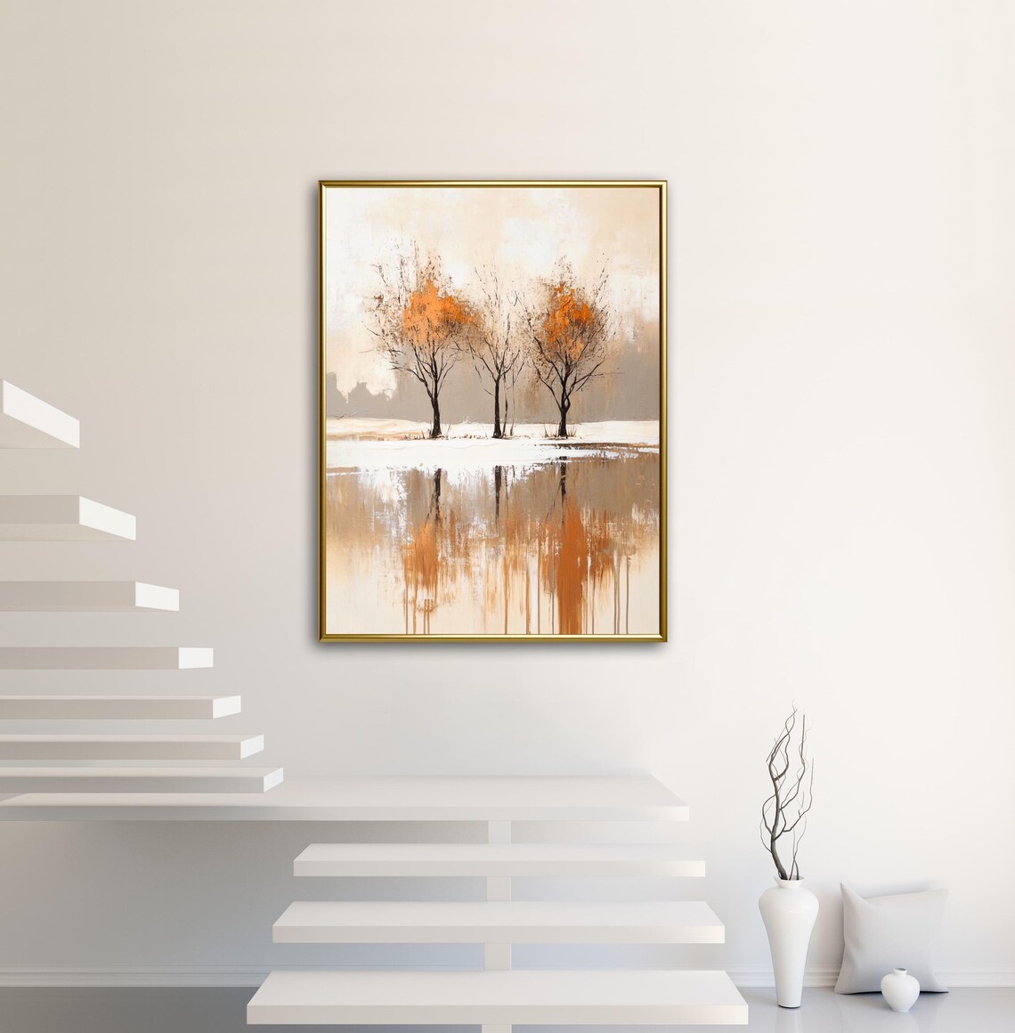 Minimalist Autumn Trees With Orange Foliage Beside Reflective Lake Art Poster - Image 3