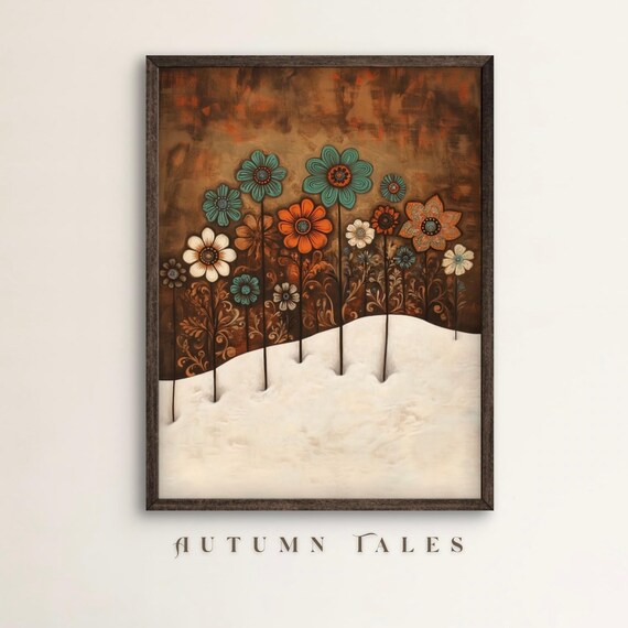Folk Art Winter Spring Wildflowers On Snow Turquoise Orange Floral Wall Print