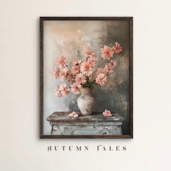 Pink Chrysanthemum Bouquet Antique Vase Still Life Art Poster