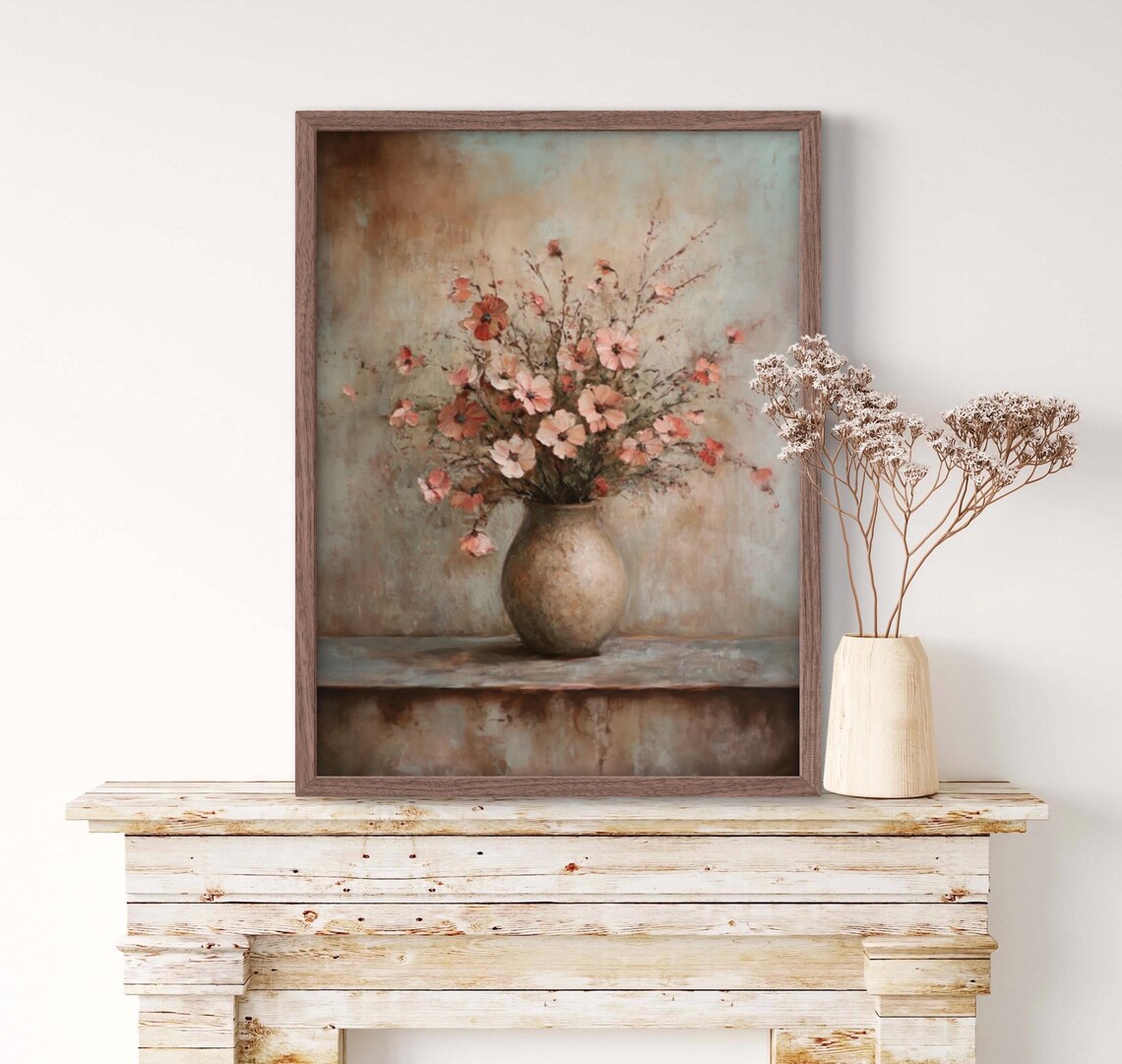 Pink Peach Wildflowers Rustic Vase Oil Painting Floral Poster - Image 2