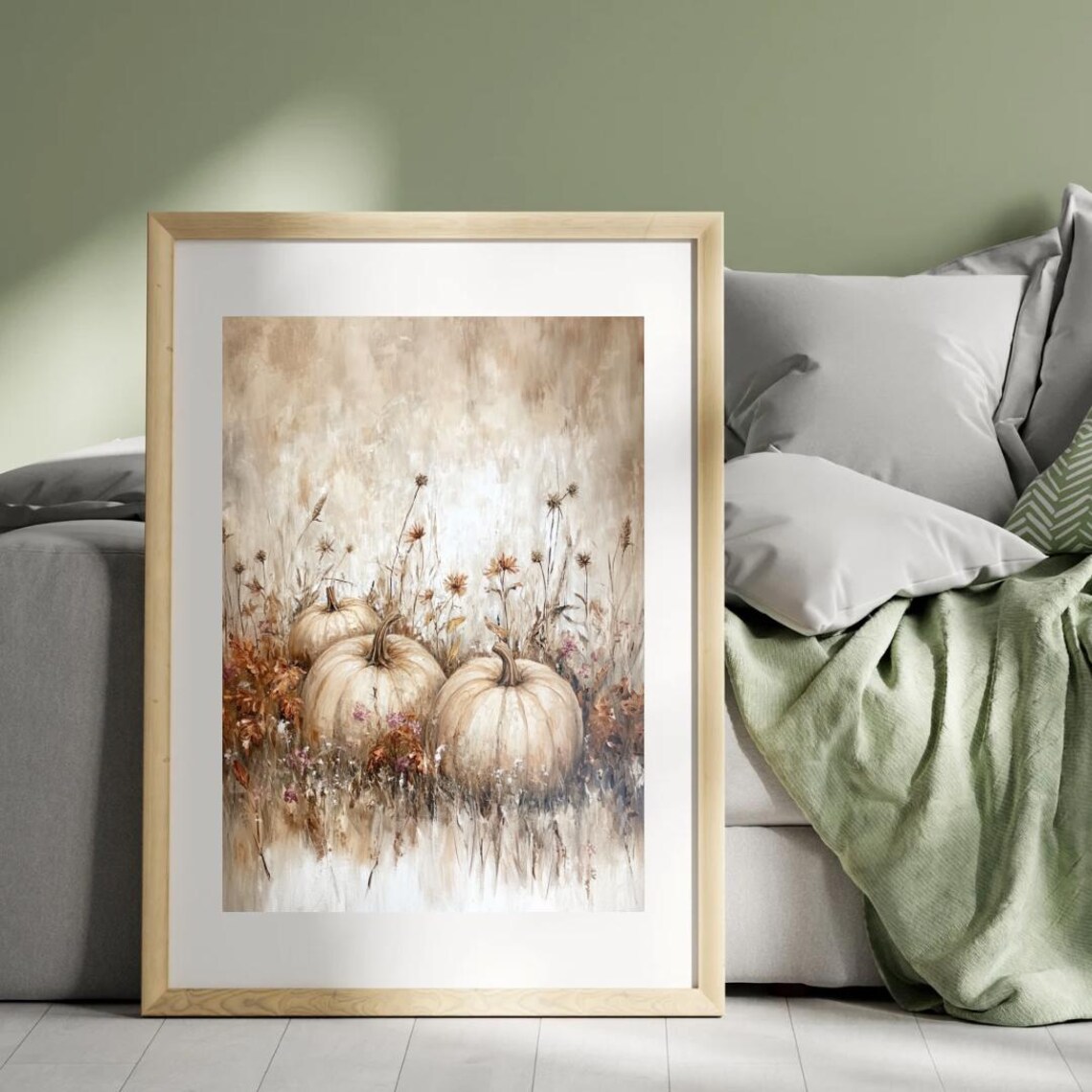 White Pumpkins Among Dried Wildflowers Airy Autumn Still Life Wall Art - Image 3