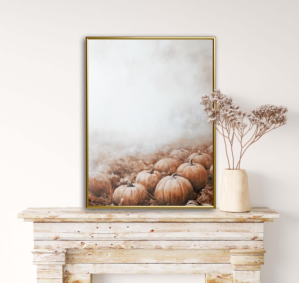 Pumpkin Patch Field Under Hazy Sky Fall Harvest Farmhouse Mood Wall Art - Image 3