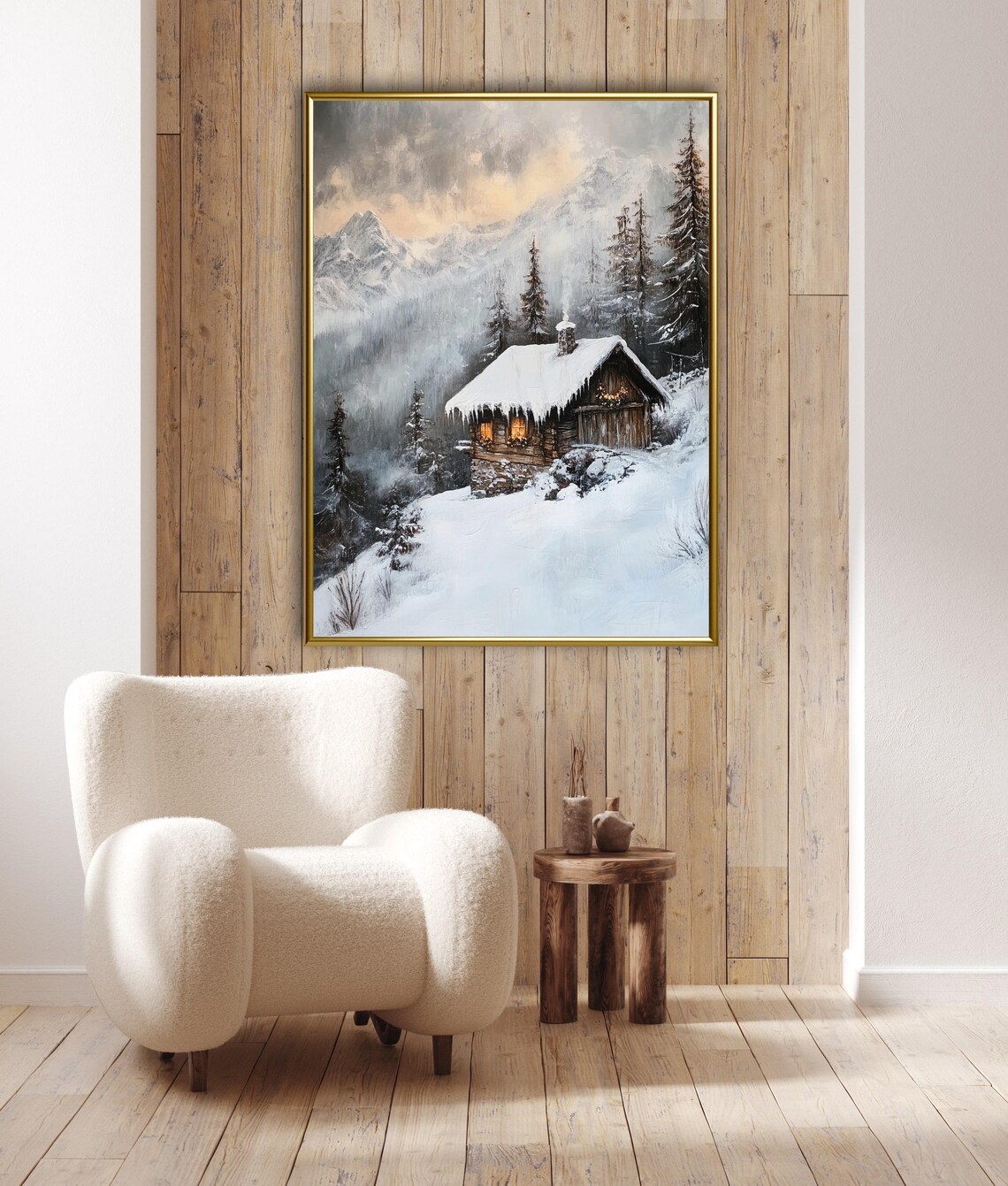 Autumn Tales Snowy Cabin Mountain Winter Landscape Cozy Vintage Art Print - Image 3