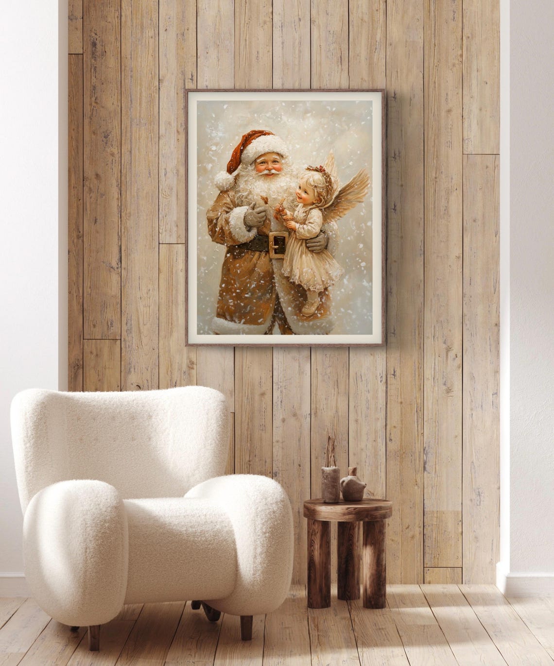 Santa And Christmas Angel Wall Art Print Vintage Christmas Decor Print Beige Earthy Tone Winter Festive Print Angelic Girl - Image 2
