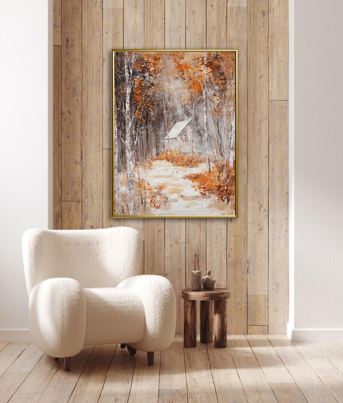Cozy Secluded Snowy Birch Forest Cabin In Autumn Woods Art Print - Image 2