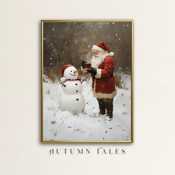 Christmas Wall Art Print Santa Clause Having Coffee Tea With A Cute Snowman Cozy Winter Forest Wonderland Art