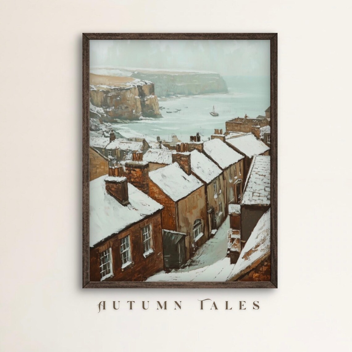Old English Fishing Village in Snow with Coastal Cliffs Vintage Wall Art Poster