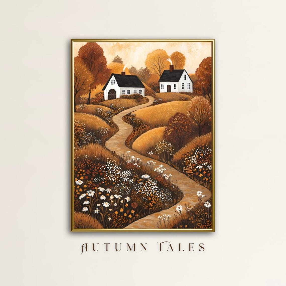 Whimsical Folk Art Autumn Cottages With Wildflower Road Art Print