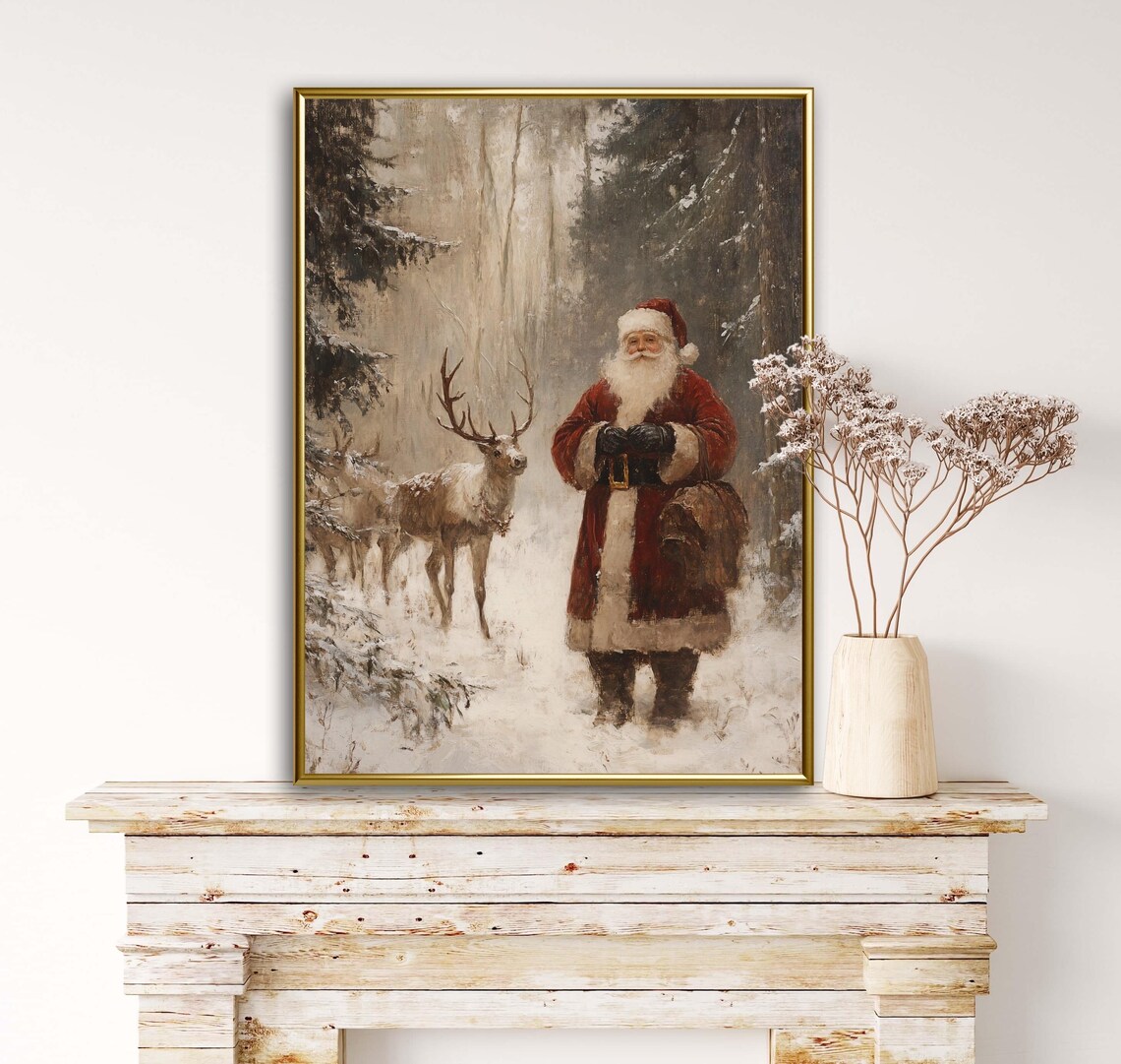 Christmas Santa Claus With Reindeer, Vintage Print - Image 3