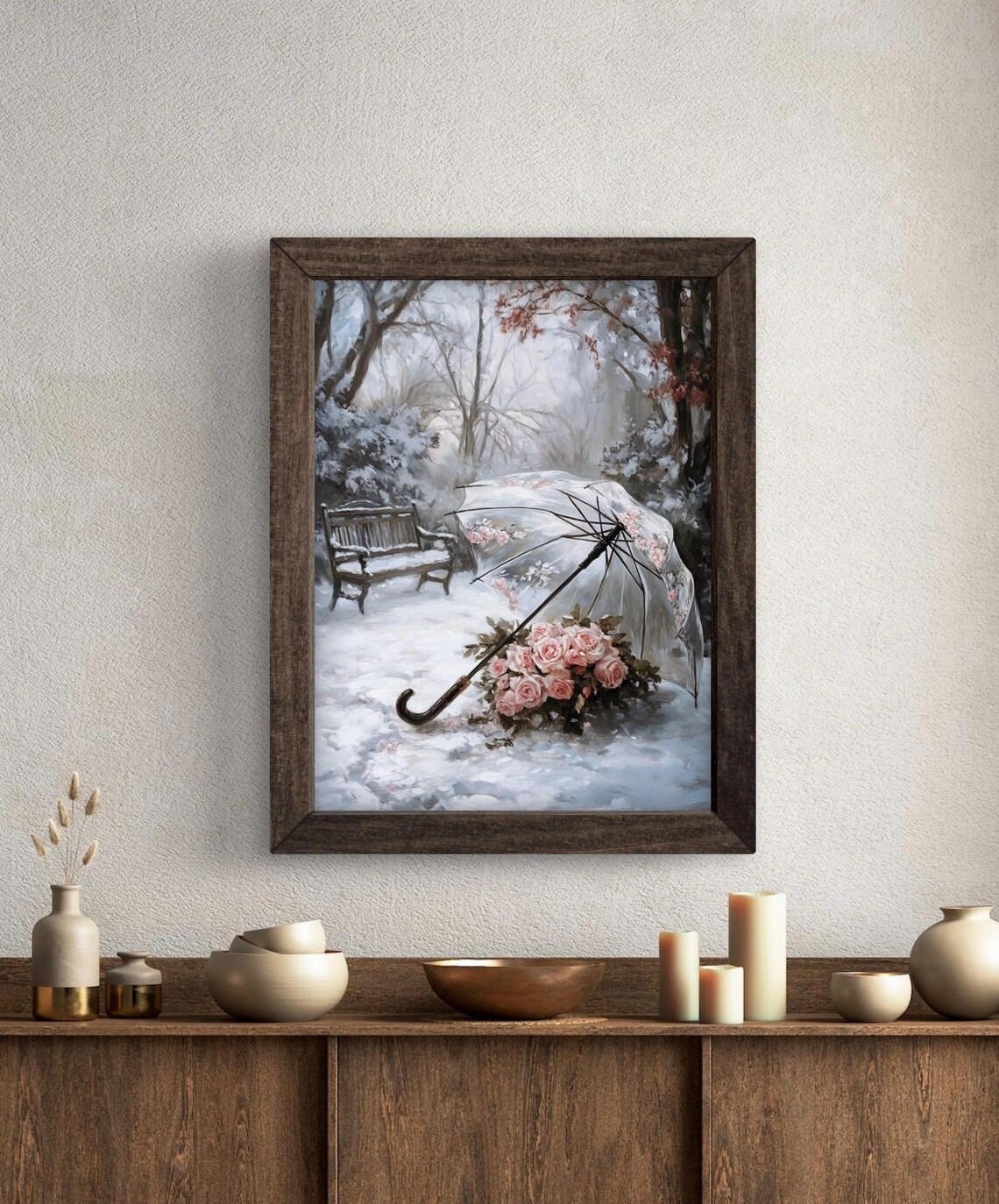 Pink Roses Under Transparent Umbrella in Snowy Garden Romantic Wall Art Poster - Image 5