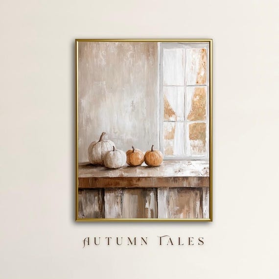 French Cottage Fall Wall Art Print Autumn Pumpkin Still Life Moody Art Vintage Rustic Farmhouse Art Nuetral Color Home Decor
