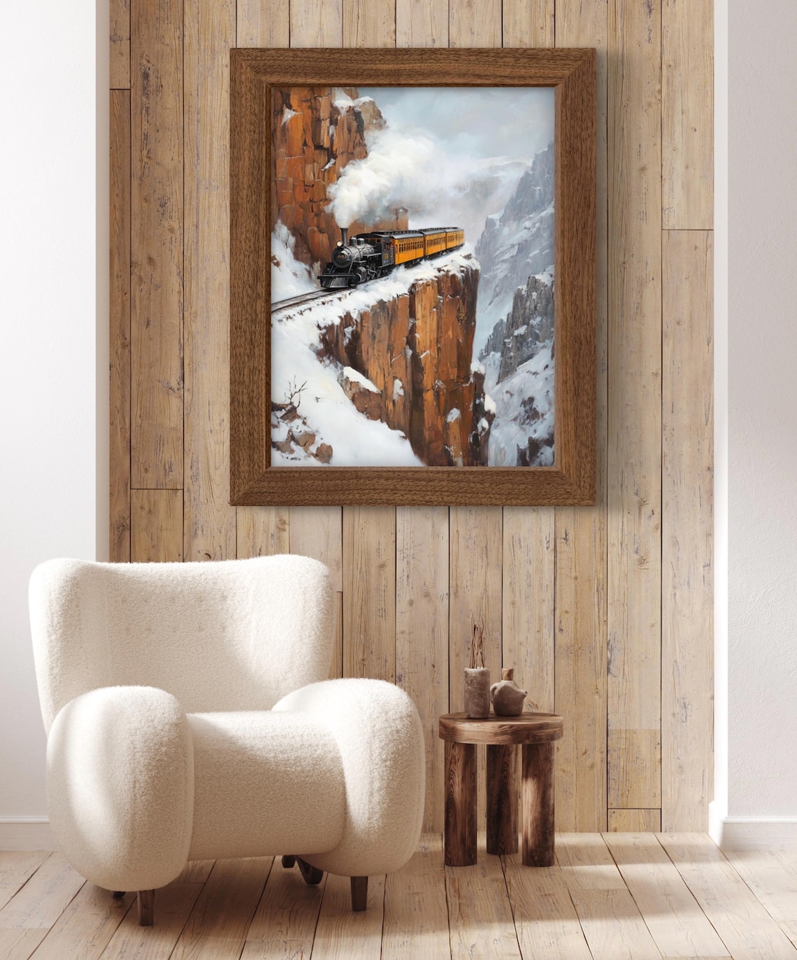 Steam Train on Snowy Cliffside Railway Through Winter Canyon Wall Art Poster - Image 2