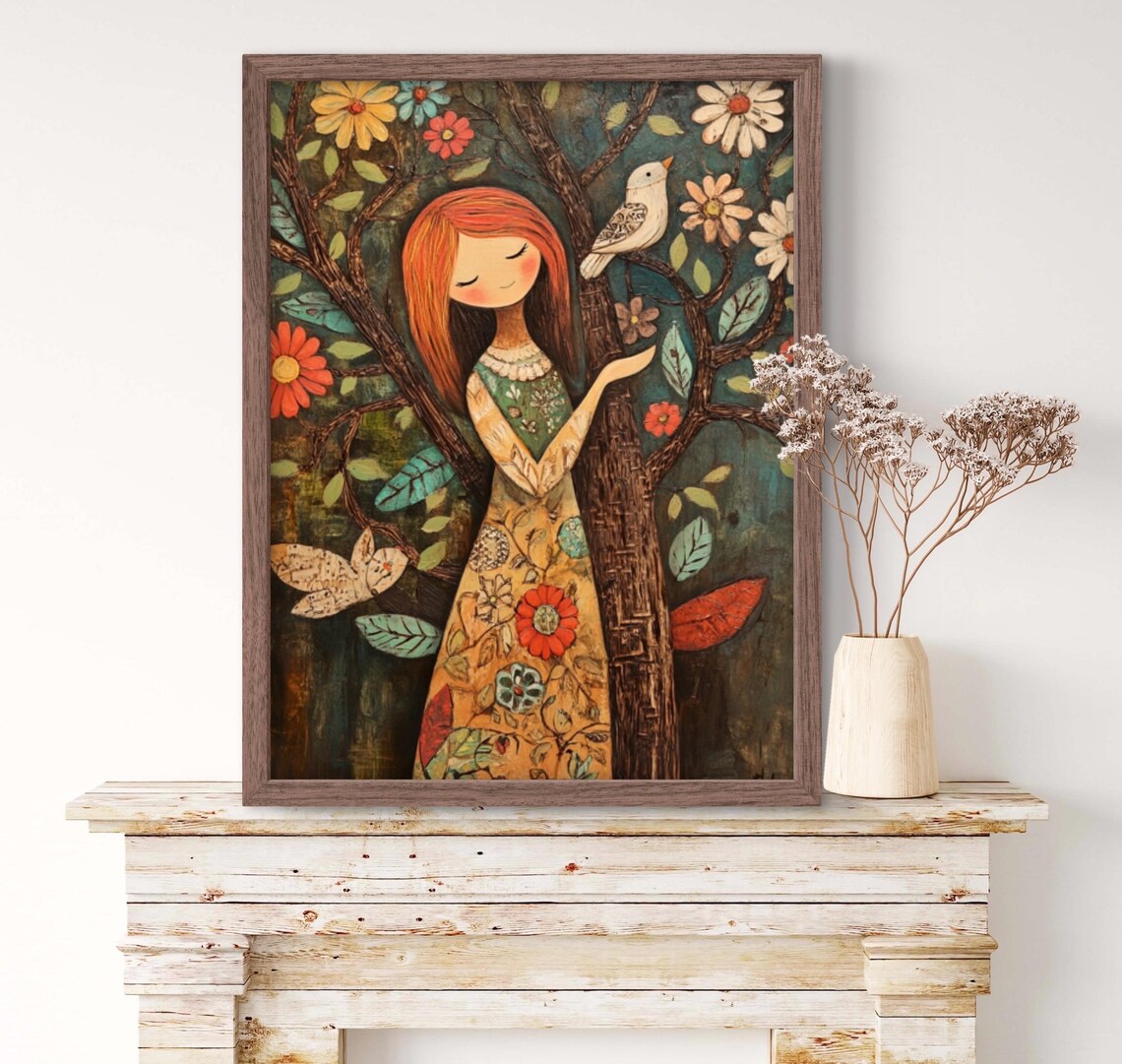 Red Haired Girl by Blooming Tree with Bird Whimsical Folk Art Wall Art Poster - Image 2