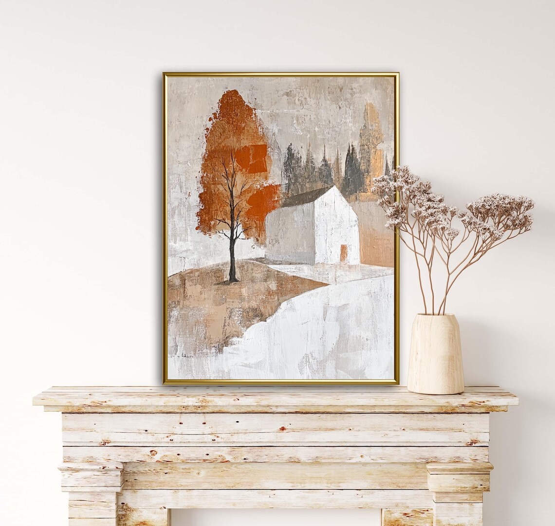Autumn Tales Minimalist White Barn Orange Tree Rustic Fall Scene Poster - Image 4